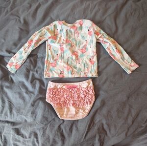 Ruffle Butts Swim Pink Flamingo Tropical Long Sleeve Two Piece Bikini